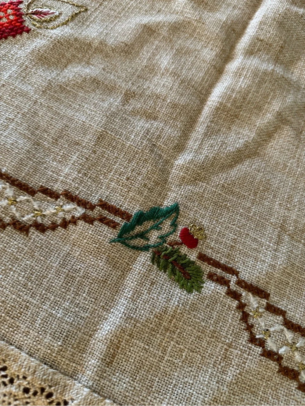 Vintage Christmas Tablecloth 33x33 Embroidered Candles Floral Lace Trim Holiday